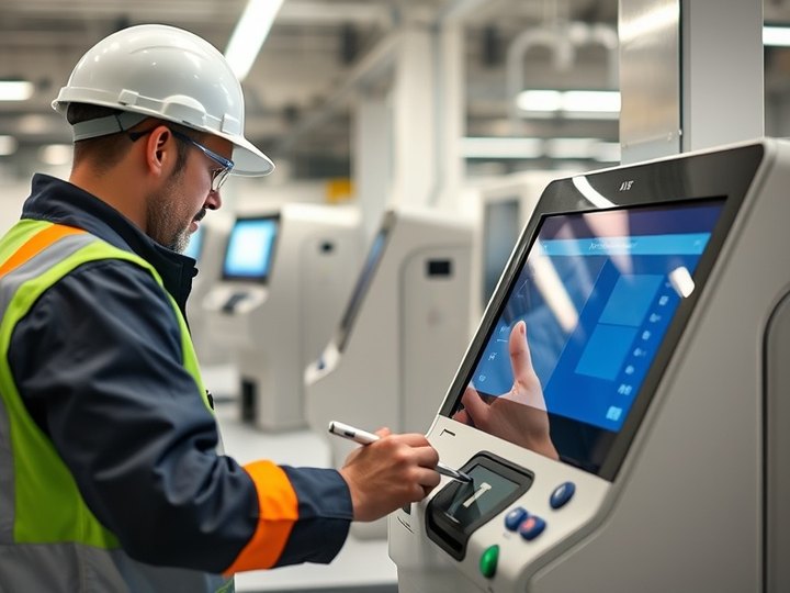 Especialista revisando la lectora de tarjetas de un terminal